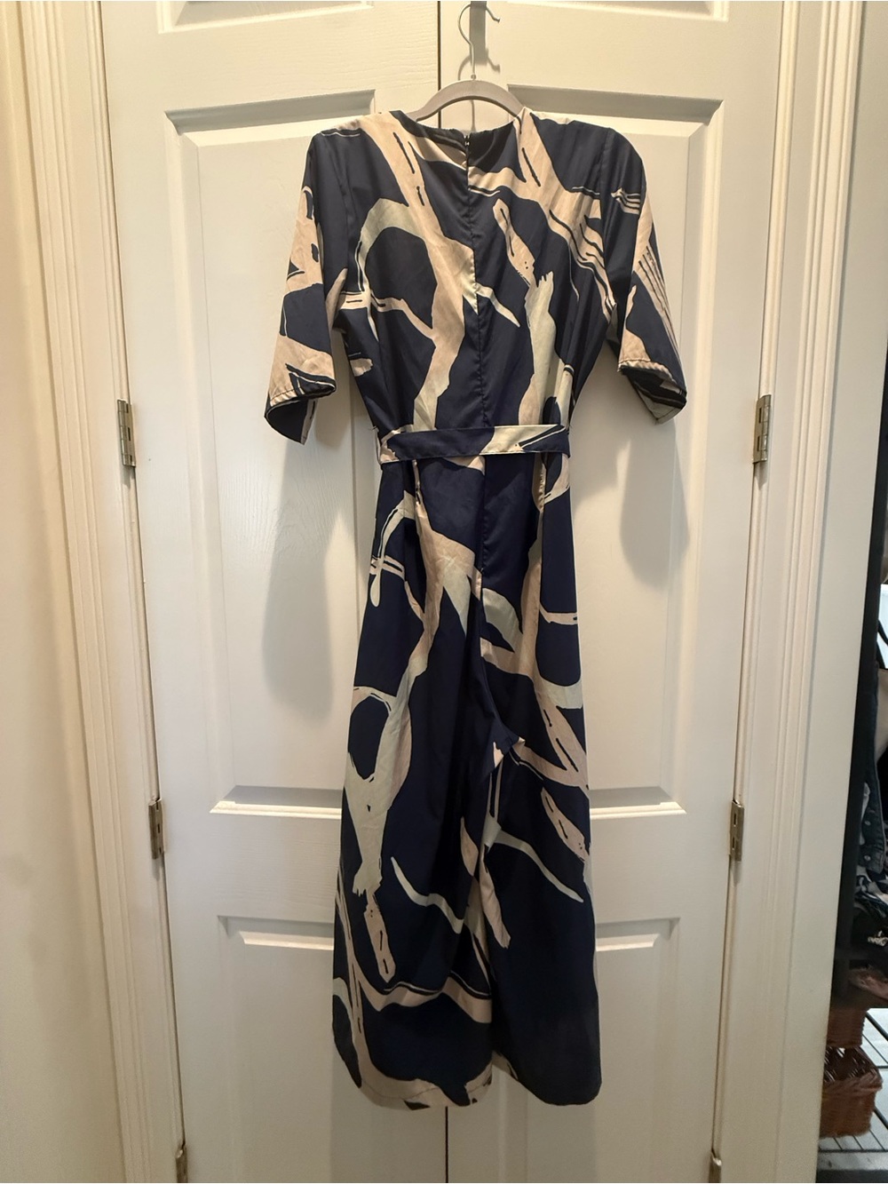 Navy & Beige Abstract Print Tie-Waist Wide-Leg Jumpsuit - Picture 5 of 5